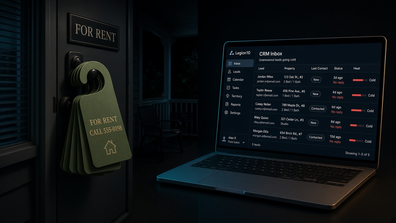 THE WASTE — green flyer stack on rental door vs empty CRM