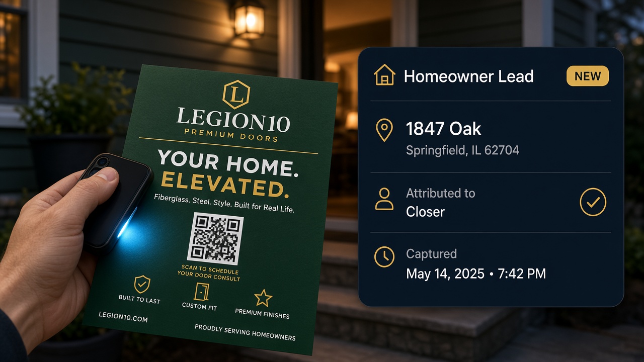 QR → DATABASE — homeowner scans flyer QR, lead attributed